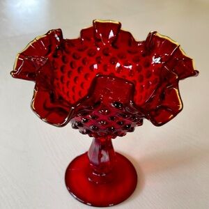 Vintage Fenton Ruby Red, Gold Crest Hobnail Compote